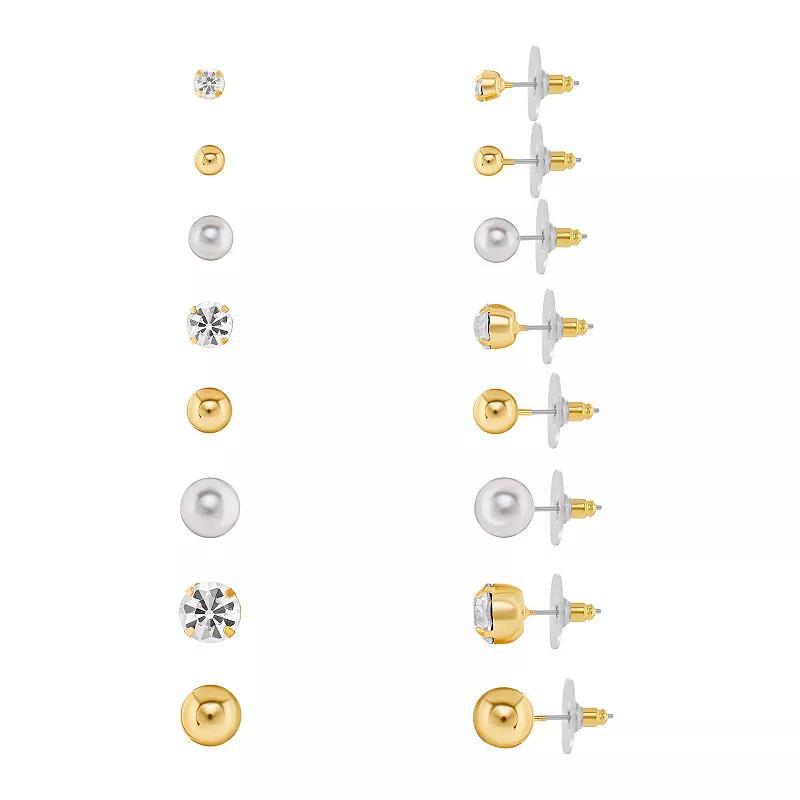 Emberly Crystal & Simulated Pearl Round Stud Earrings 8-pack Set, Womens, Yellow Gold Tone Product Image