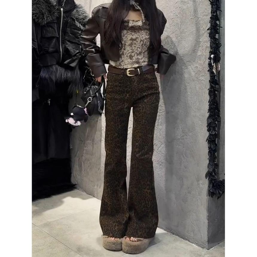 High Waist Leopard Print Flared Jeans Product Image