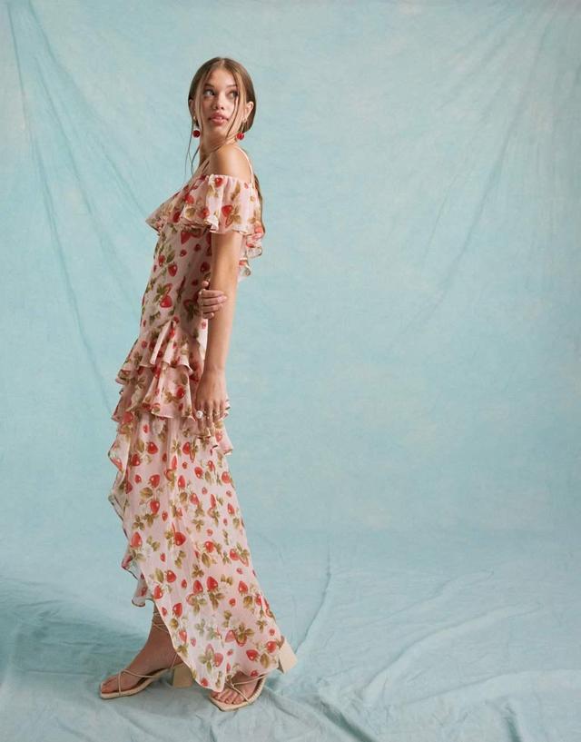 Miss Selfridge chiffon bardot asymmetric hem maxi dress in strawberry floral Product Image