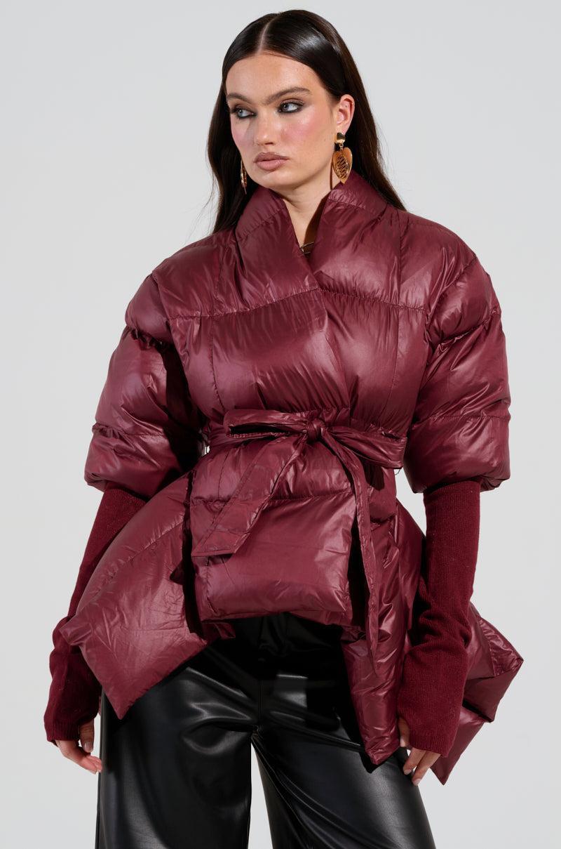 RIB SLEEVE PEPLUM PUFFER IN BURGUNDY Product Image