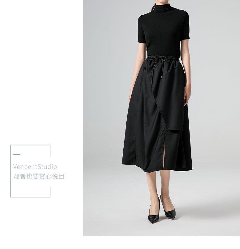 Drawstring Waist Plain Buttoned Slit Midi A-Line Skirt Product Image