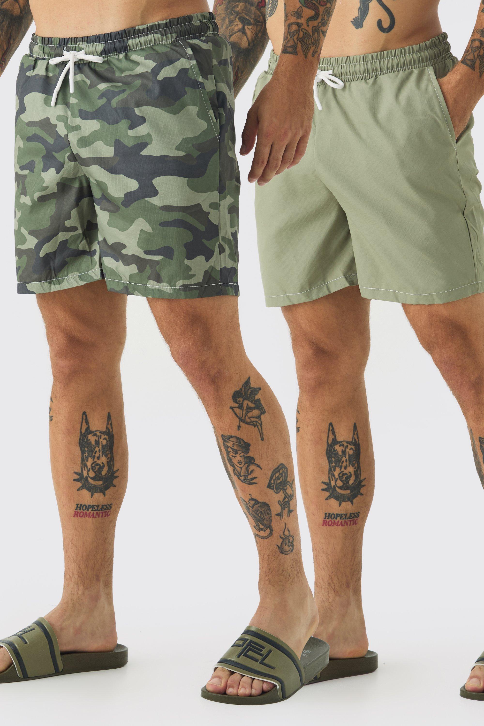 2 Pack Mid Length Camo & Plain Swims | boohooMAN USA Product Image