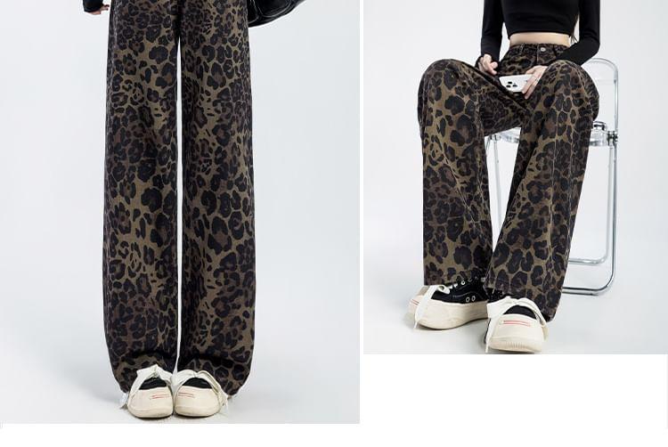 High Waist Leopard Print Wide Leg Jeans Product Image