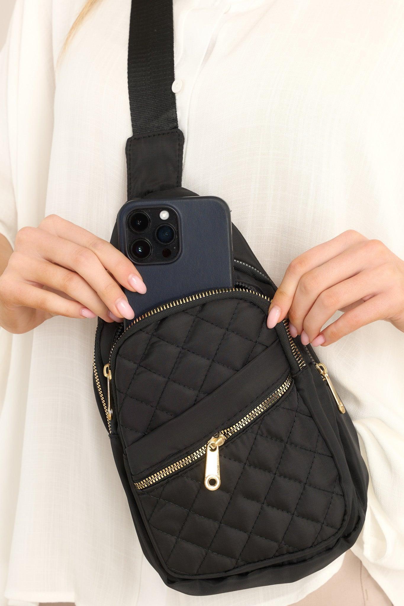 First In Line Black Quilted Crossbody Bag Product Image