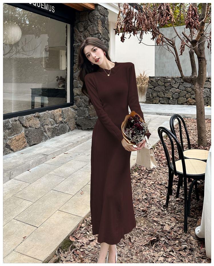 Long-Sleeve Mock Neck Plain Midi A-Line Knit Dress Product Image