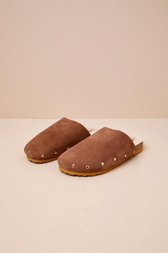 Upstate Tan Suede Leather Shearling Studded Mule Slides Product Image