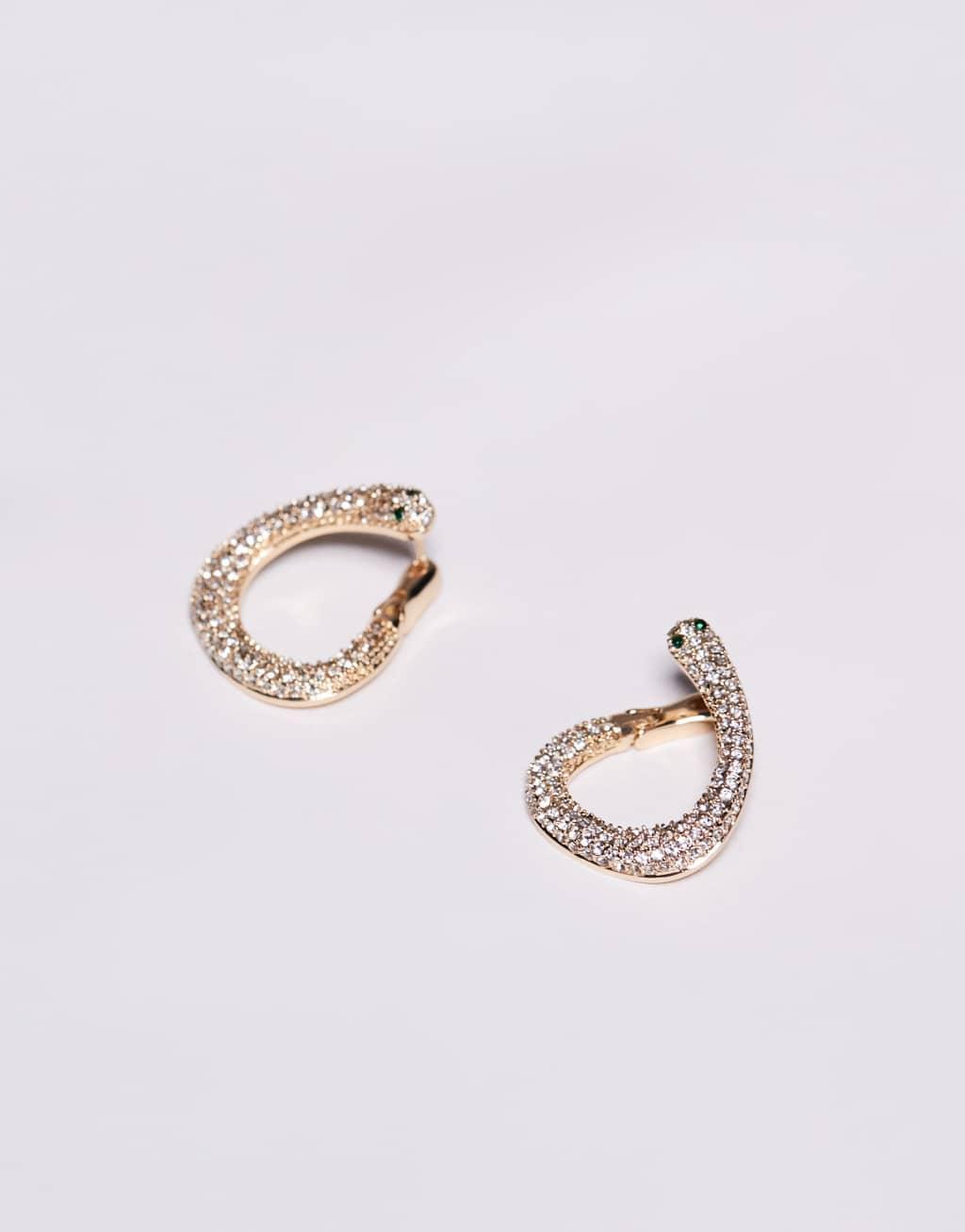 ASOS DESIGN hoop earrings with snake crystal detail in gold tone Product Image