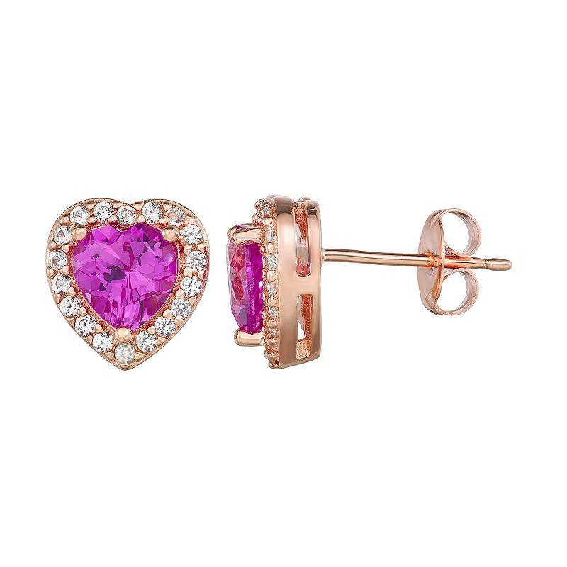 14k Rose Gold Over Silver Lab-Created Pink & White Sapphire Heart Stud Earrings, Womens Product Image