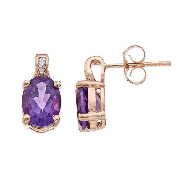 Gemminded 14k Rose Gold Over Silver Amethyst & Diamond Accent Oval Stud Earrings, Womens, Purple Product Image