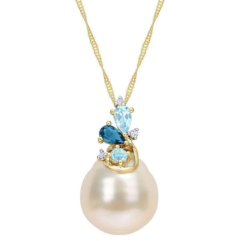 Stella Grace 14k Gold South Sea Cultured Pearl, Blue Topaz & Diamond Accent Pendant Necklace, Womens Product Image