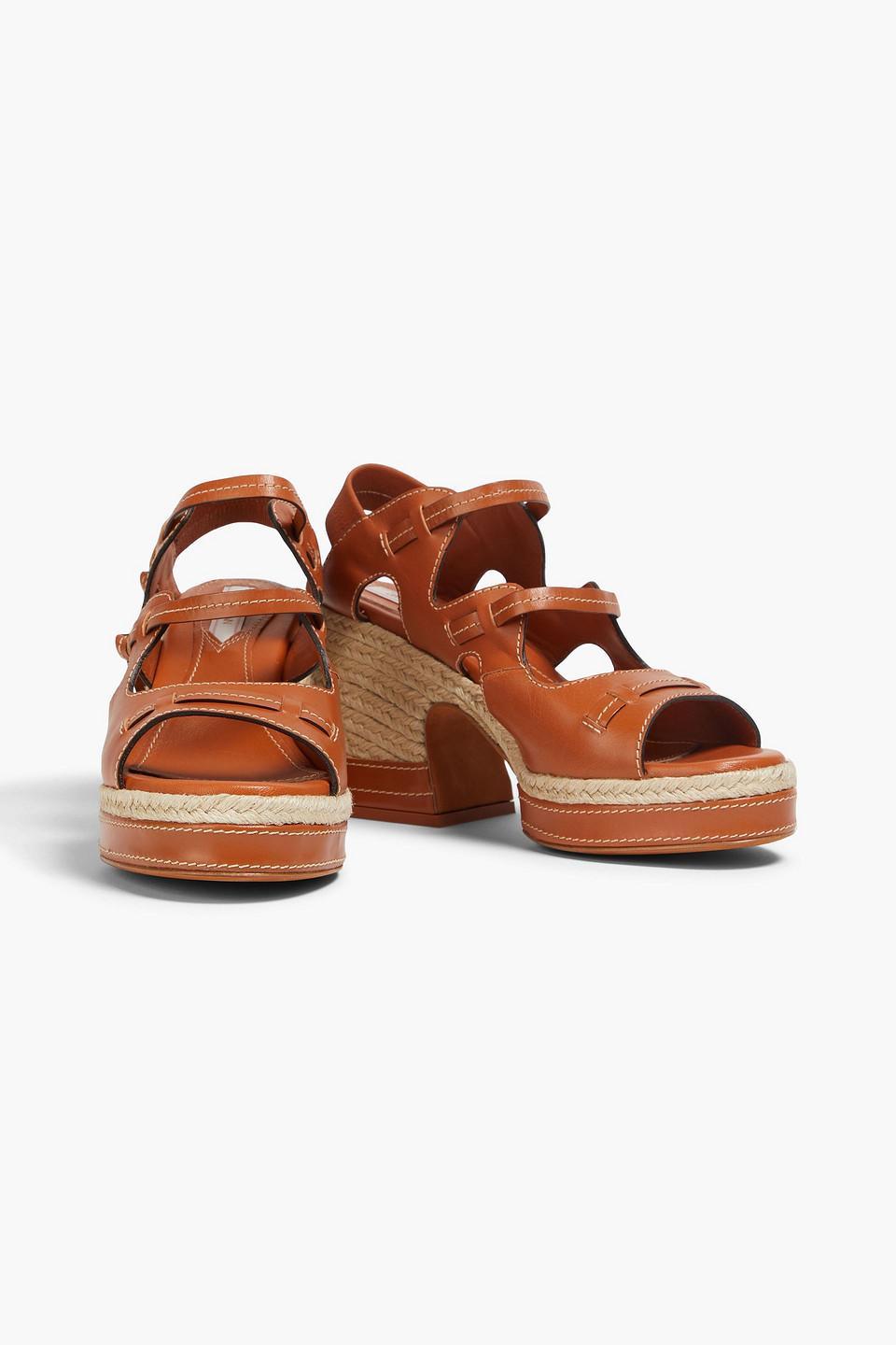 Topstitched Leather Espadrille Sandals In Tan Product Image