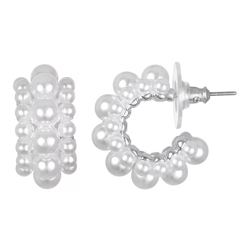 Emberly Silver Tone Chunky Simulated Pearl Hoop Earrings, Womens Product Image