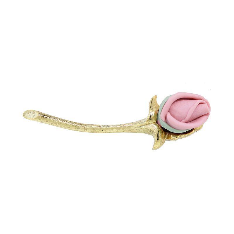 1928 Gold Tone Pink Long Stem Porcelain Rose Pin, Womens Product Image