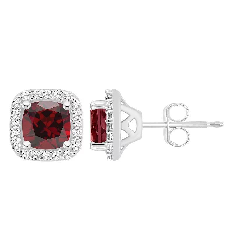 Amethyst (1 ct. t.w.) & Diamond (1/5 ct. t.w.) Cushion Halo Stud Earrings in Sterling Silver (Also in Citrine Peridot, & Blue Topaz) - Garnet Product Image