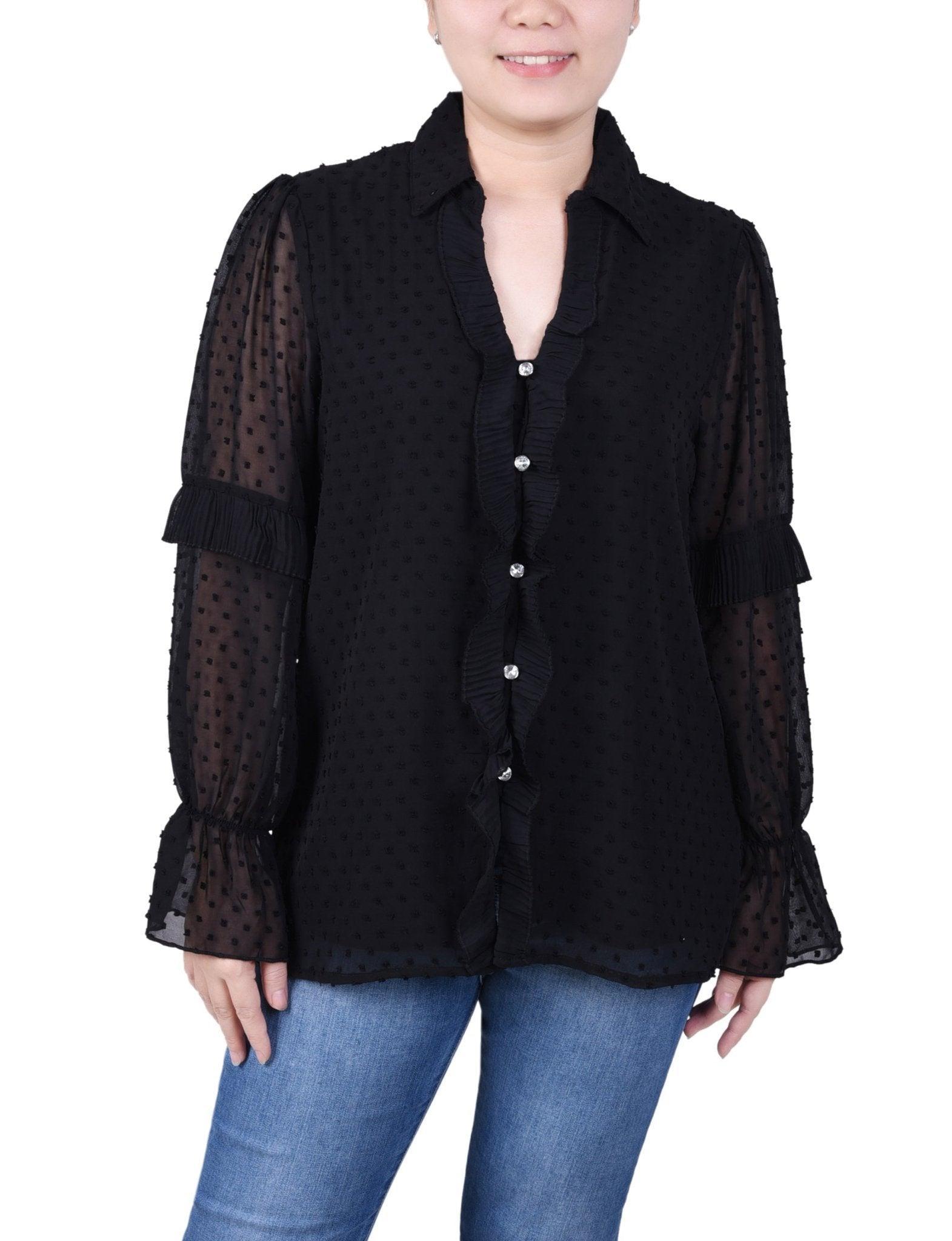 NY Collection Long Sleeve Dotted Chiffon Blouse - Petite Product Image