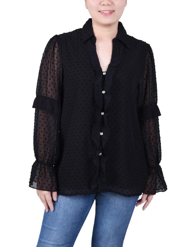 Long Sleeve Dotted Chiffon Blouse - Petite Product Image