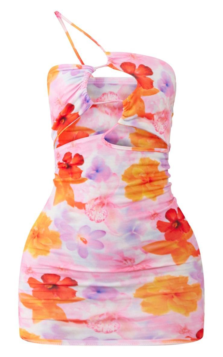 Pink Floral Cut Out Asymmetric Strap Bodycon Dress Product Image