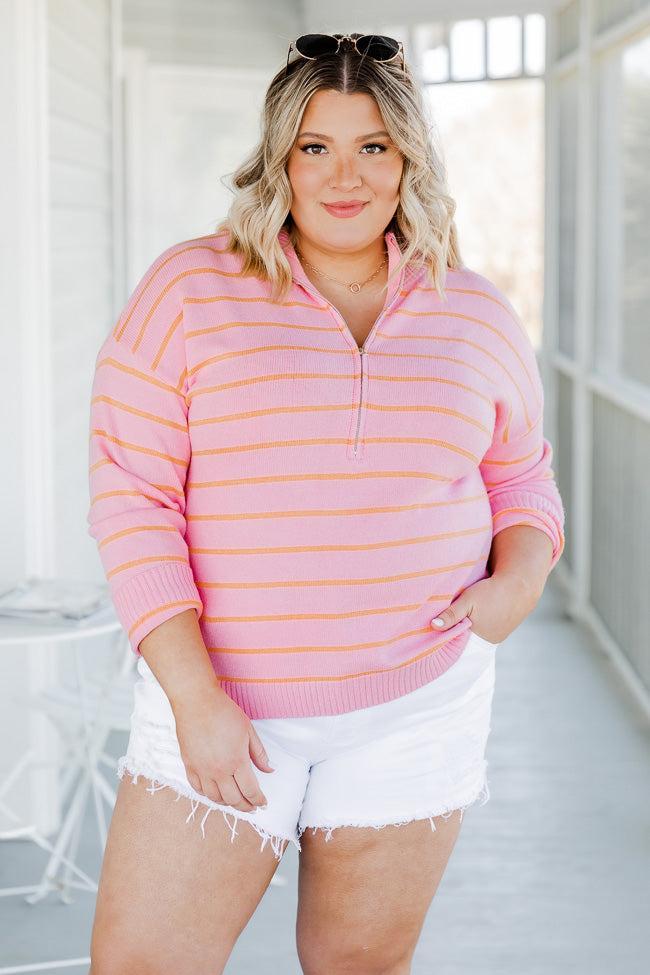 Don't Think About It Pink and Orange Striped Quarter Zip Pullover FINAL SALE Product Image