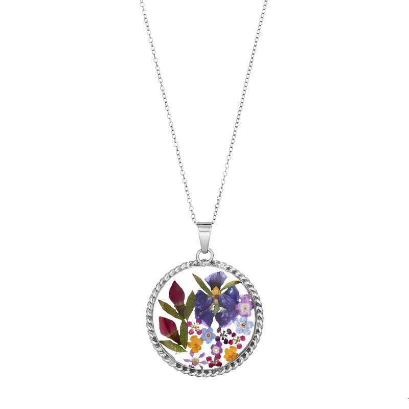 Sterling Silver Pressed Flower Circle Pendant Necklace, Womens Multicolor Product Image