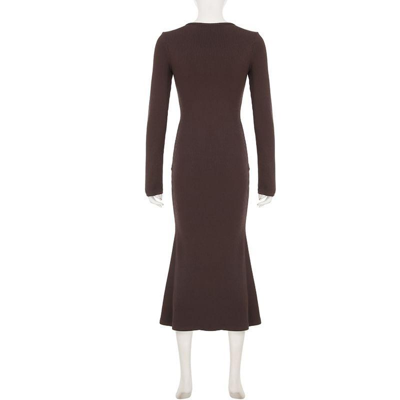 Long-Sleeve Crew Neck Plain Maxi Sheath Dress Product Image