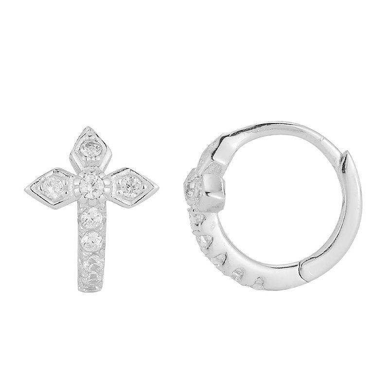 Sunkissed Sterling Cubic Zirconia Cross Hoop Earrings, Womens, Silver Tone Product Image