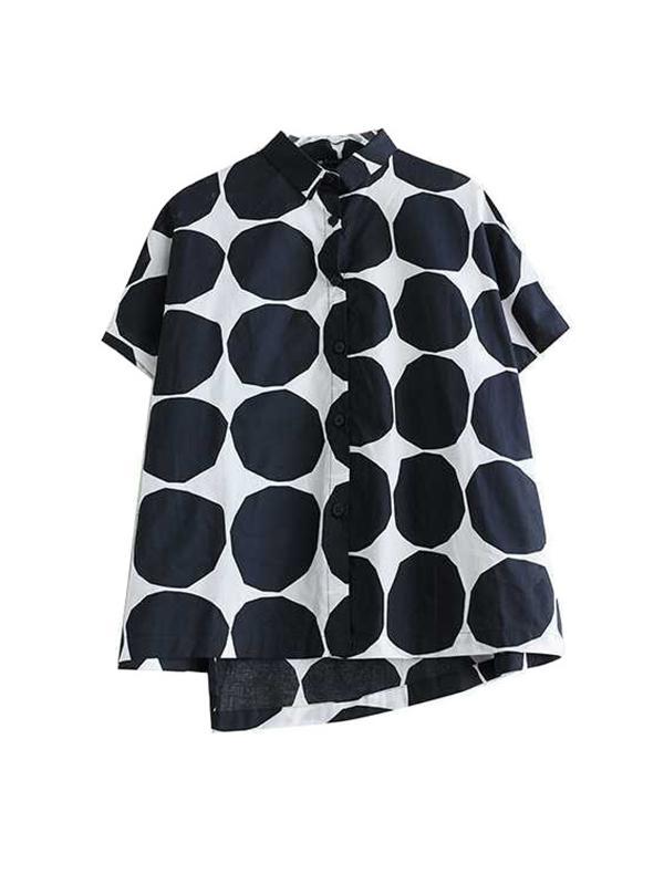 Loose Short Sleeves Buttoned Polka-Dot Lapel Blouse Tops Skirts Bottoms Two Pieces Set Product Image