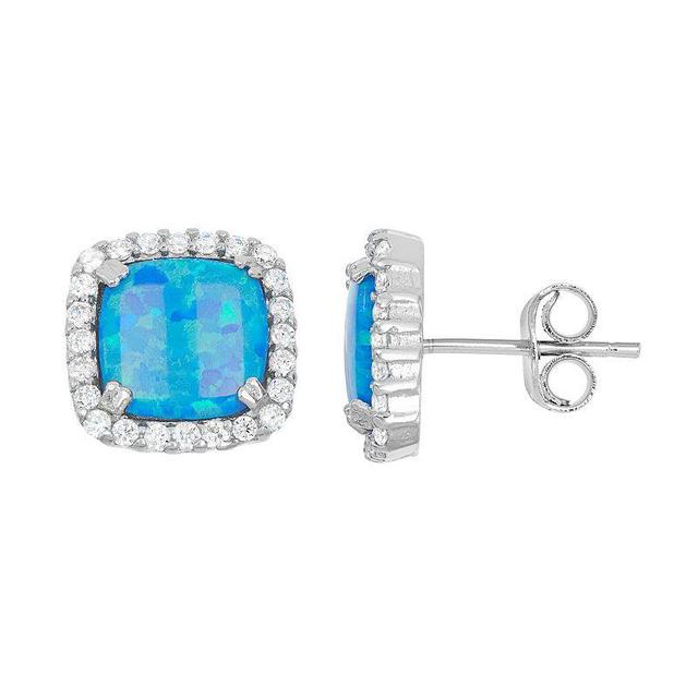 Lab-Created Blue Opal & Cubic Zirconia Sterling Silver Square Halo Stud Earrings, Womens Product Image