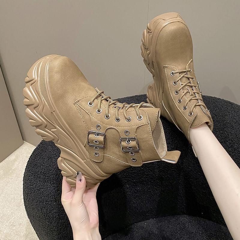 Platform High Top Buckled Lace-Up Sneakers Product Image