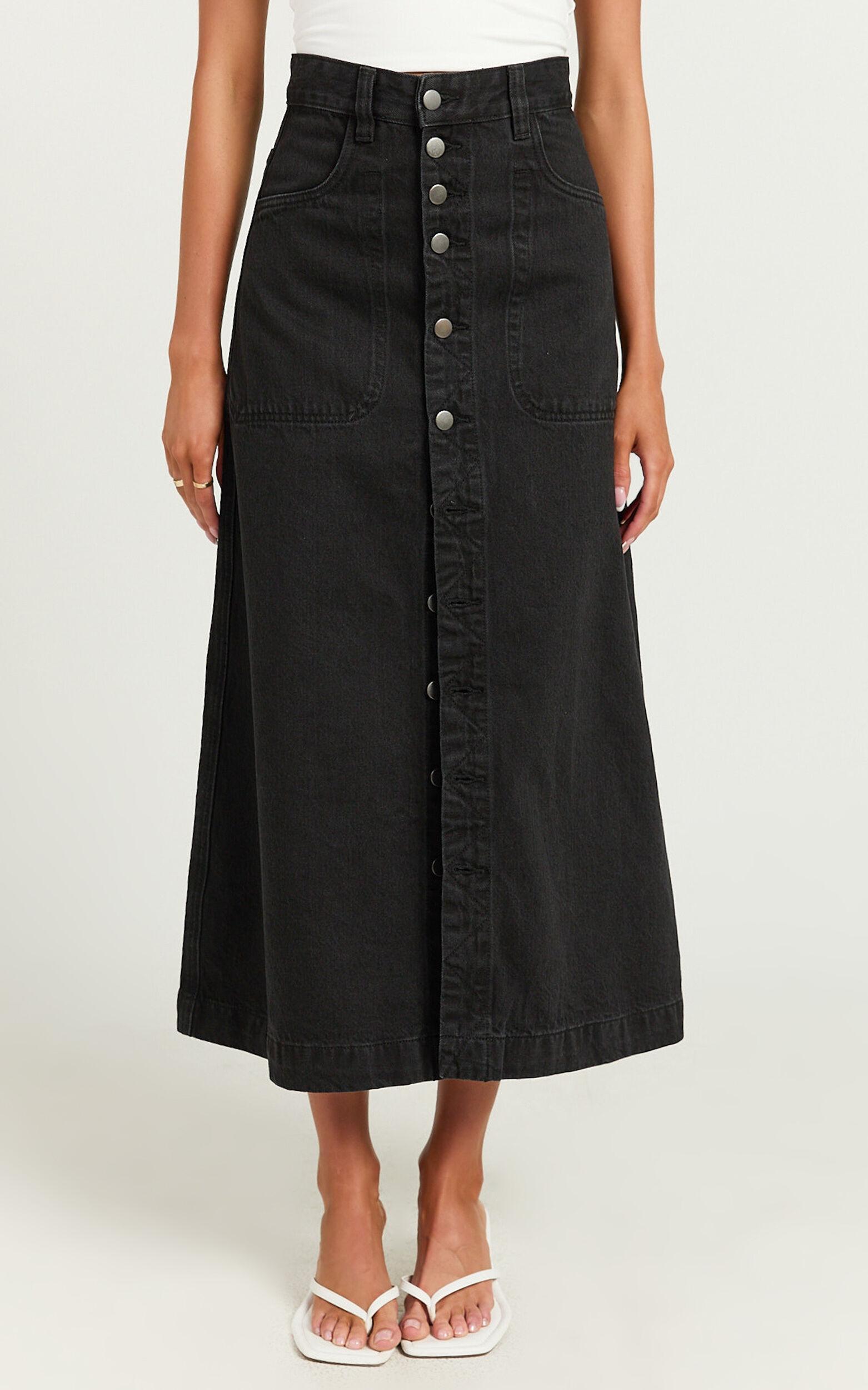 Alisa Midi Skirt - Button Through A Line Denim in Black Wash Product Image