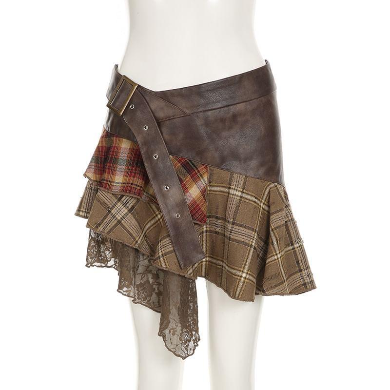 Low Rise Plaid Panel Asymmetrical Mini Skirt Product Image