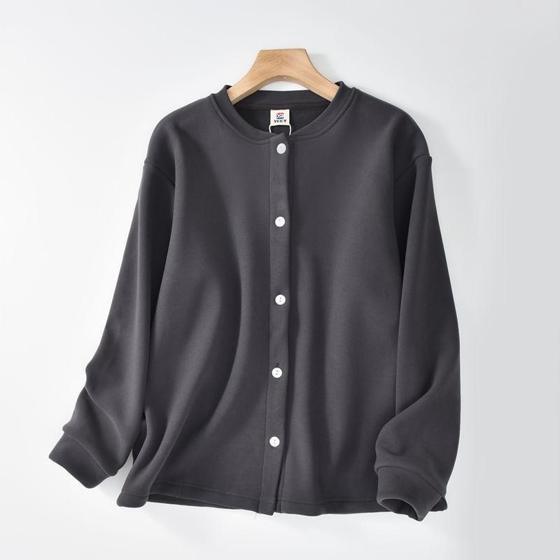 Crew Neck Plain Button-Up Jacket Product Image