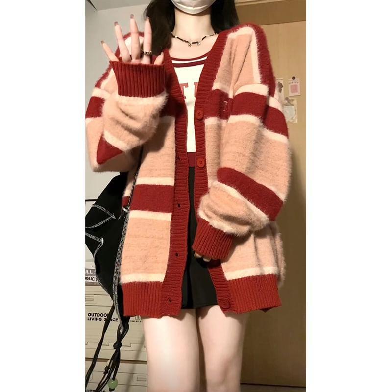 V-Neck Striped Cardigan Product Image