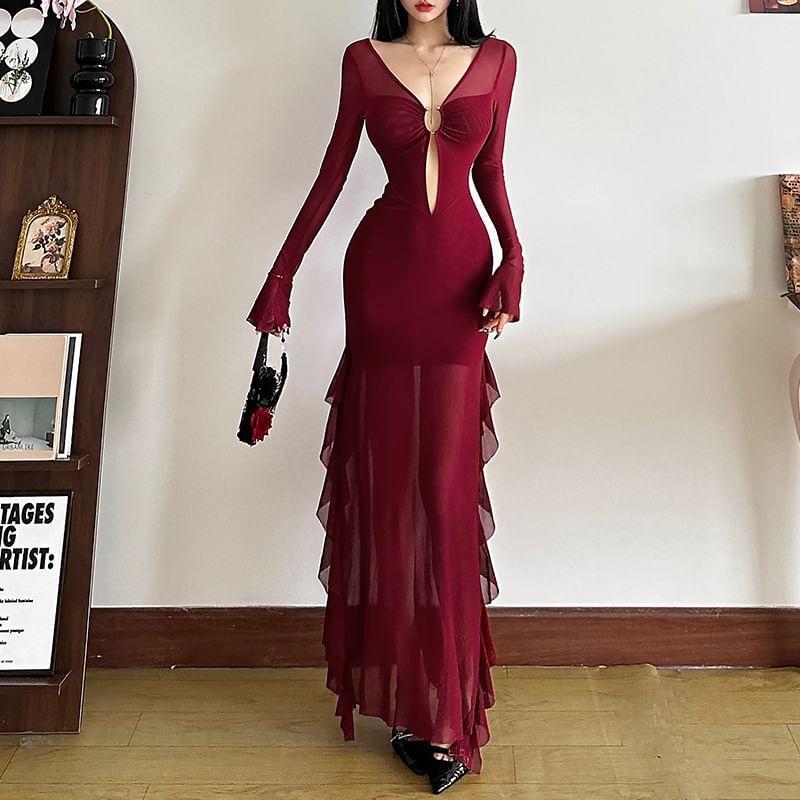 Long-Sleeve V-Neck Cutout Plain Sheer Maxi Sheath Dress Product Image