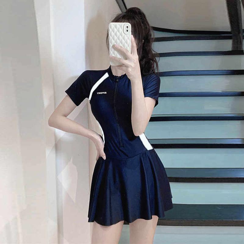 Crew Neck Two Tone Panel Zip Swimdress Product Image