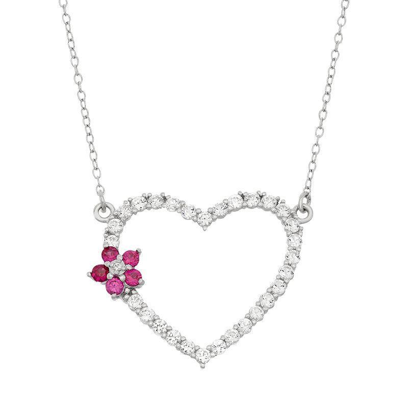 Lab-Created White Sapphire & Lab-Created Ruby Sterling Silver Flower & Heart Necklace, Womens Product Image