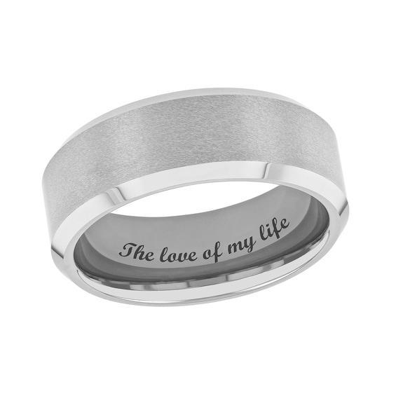 Men's 8.0mm Satin Inlay Beveled Edge Comfort-Fit Engravable Wedding Band in Tantalum (1 Line) Product Image