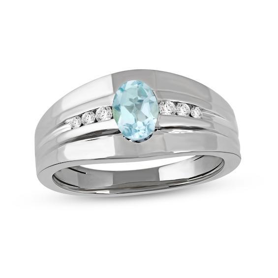 Men's Oval Aquamarine and 1/6 CT. T.w. Diamond Tri-Sides Grooved Band in 10K White Gold Product Image