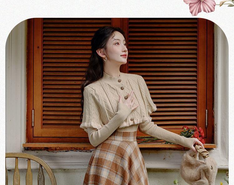 Set: Long-Sleeve Button-Up Plain Knit Top + High Rise Plaid Maxi A-Line Skirt Product Image