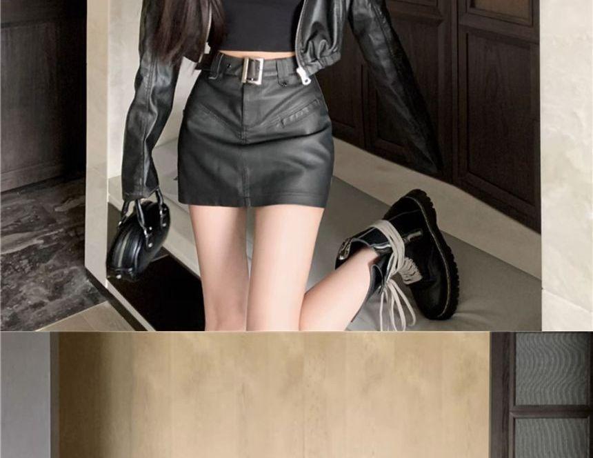 High Rise Plain Faux Leather Mini Pencil Skirt Product Image