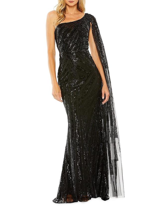 Mac Duggal Sequin Cape Sleeve One-Shoulder Gown Product Image