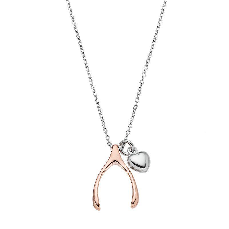 Two Tone Sterling Silver Wishbone & Heart Pendant Necklace, Womens Grey Product Image