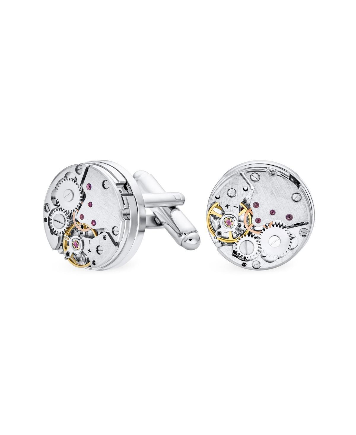 Bling Jewelry Mechanic Steampunk Moving Gears Wheel Solid Shirt Cufflinks For Men Two Tone Stainless Steel Hinge Bullet Back - Multi-color Product Image