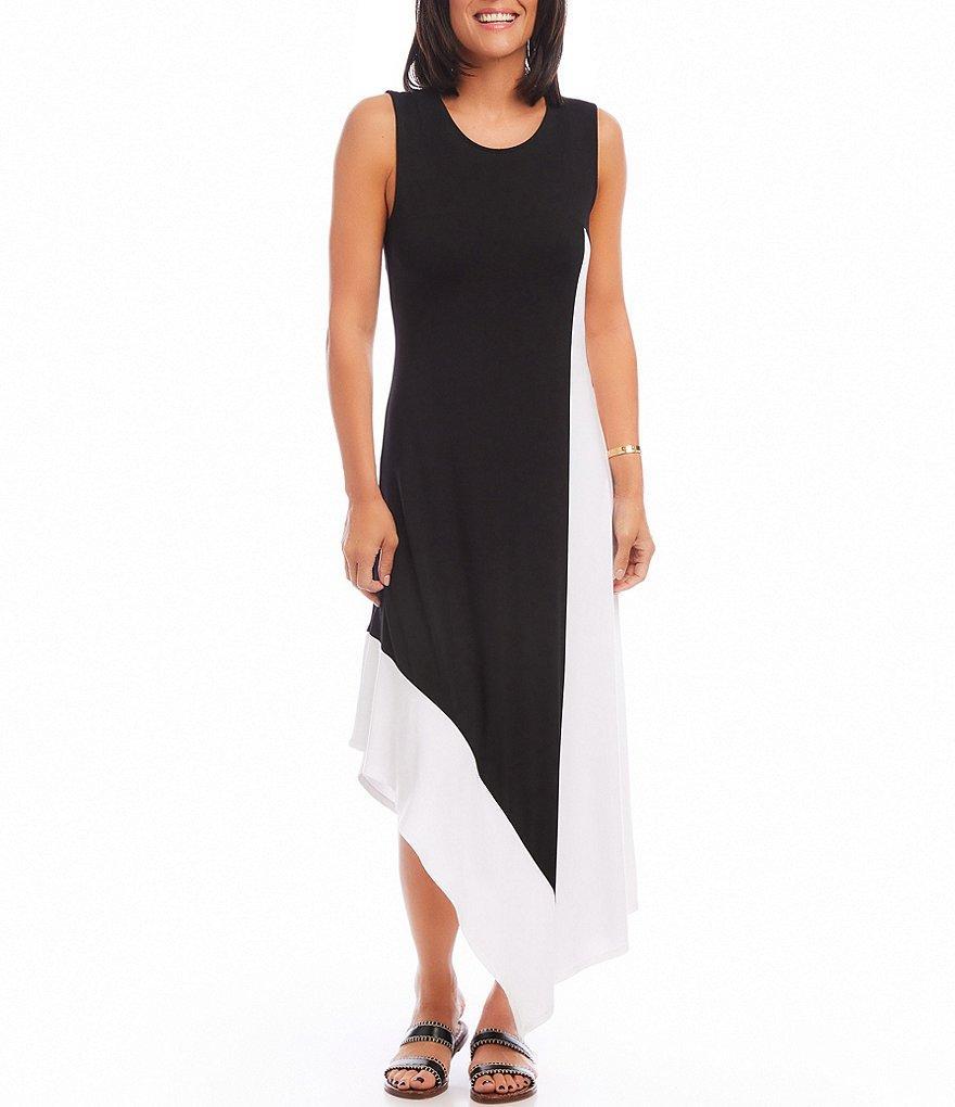 Karen Kane Asymmetrical Hem Crew Neck Sleeveless Color Block Midi Dress Product Image