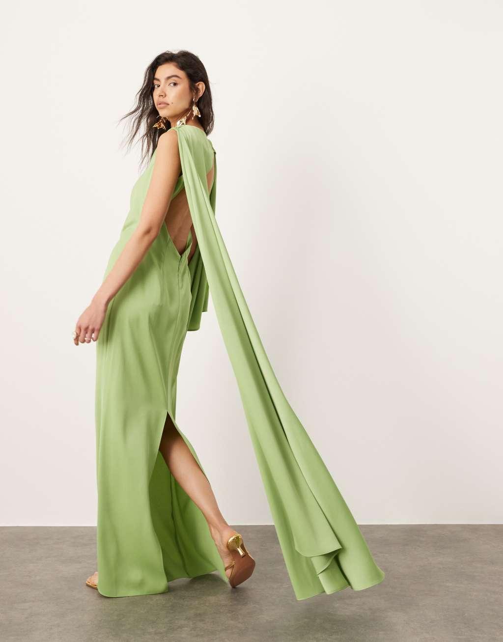 ASOS EDITION satin drape detail maxi dress with ruched waist in sage Product Image