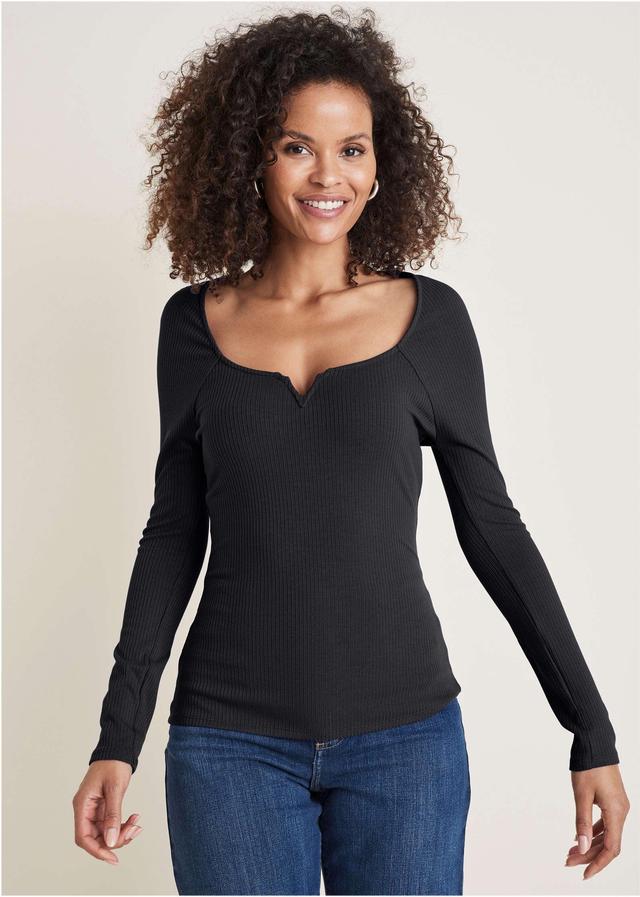 Deep Scoop Neck Ribbed Top - Black Product Image