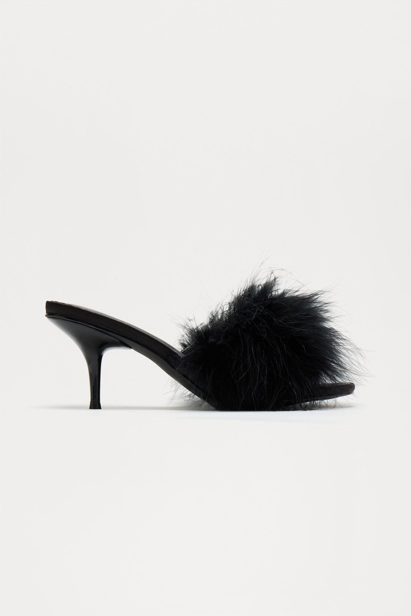 Fluffy Feather Kitten Heels - Black Product Image