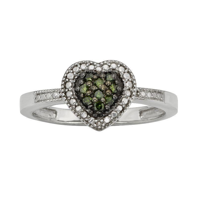 Jewelexcess Sterling Silver 1/10-ct. T.W. Green & White Diamond Heart Ring, Womens Product Image