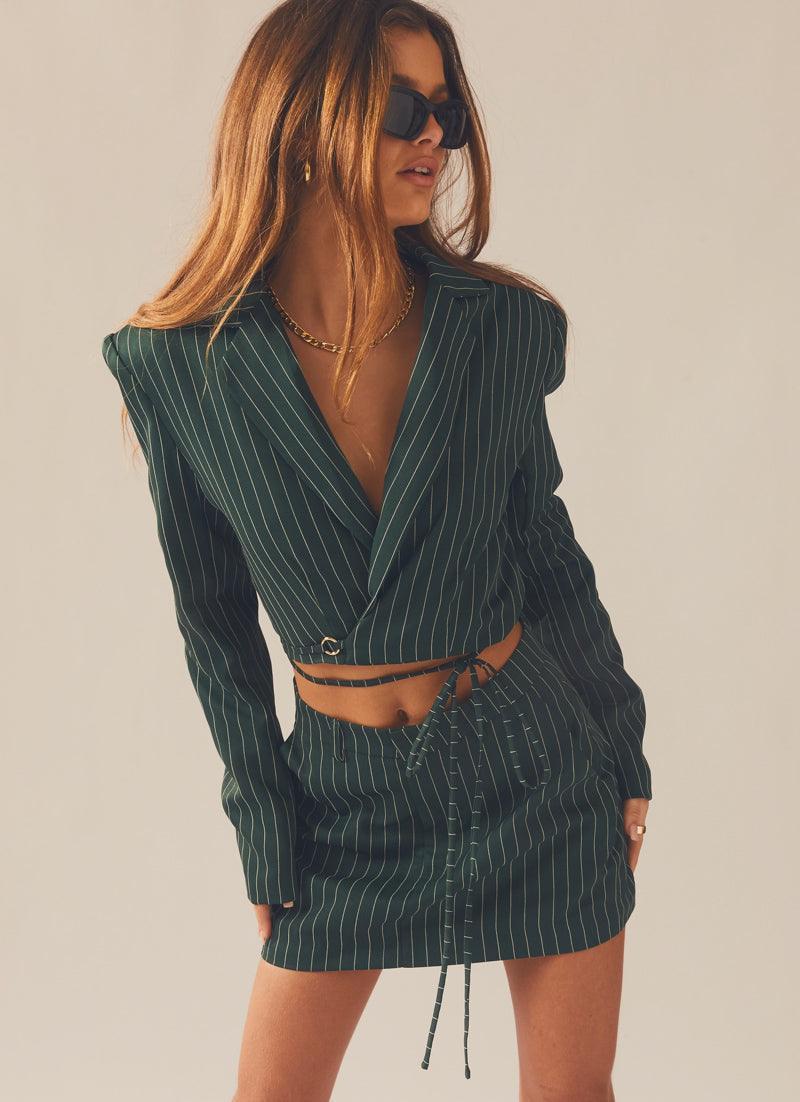 Forbidden Suit Skirt - Green Pinstripe Product Image