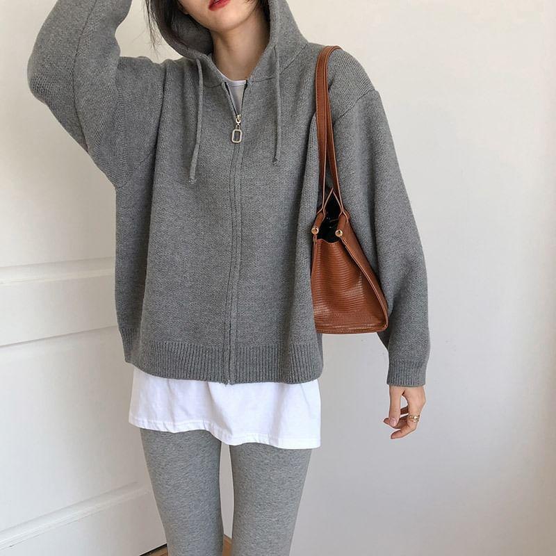 Drawstring Hooded Zip Cardigan Product Image