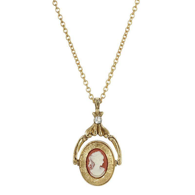 1928 Gold Tone Carnelian Cameo Locket Spinner Necklace, Womens, Orange Product Image